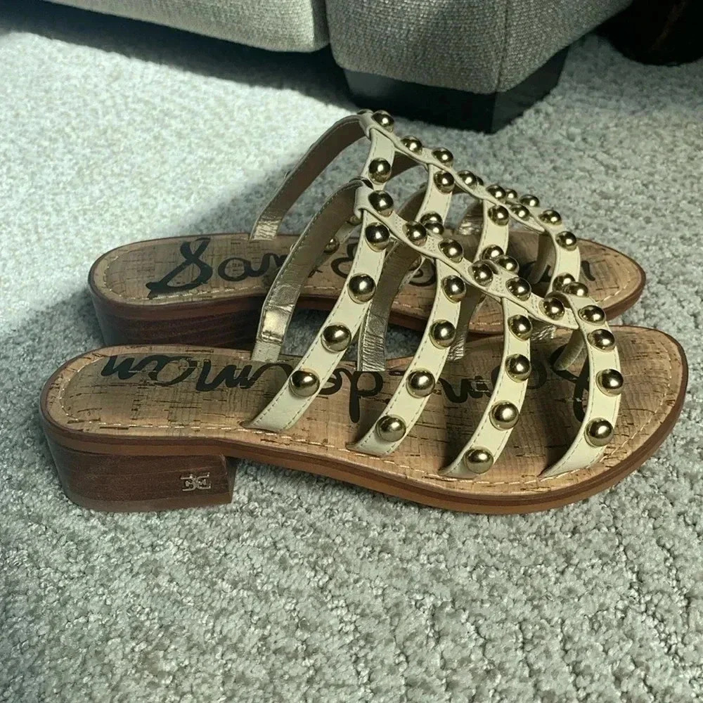 Sam Edelman ivory cream studded slip on sandals with block heel size 7